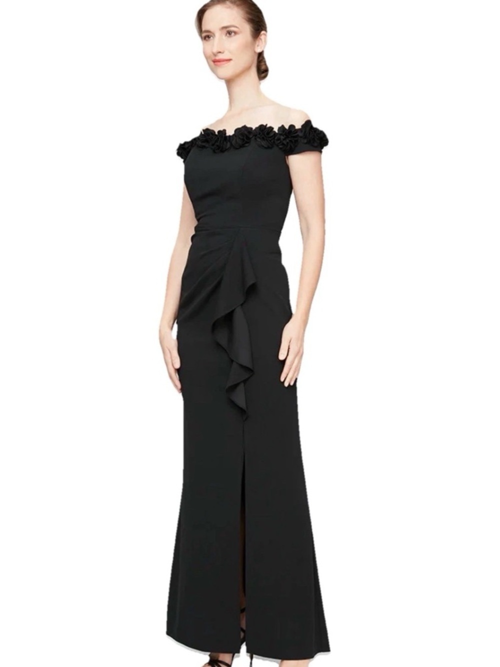 Jeanne Alexander By Alex Evenings  Size 6 Black Off The Shoulder Dress 3D Flower